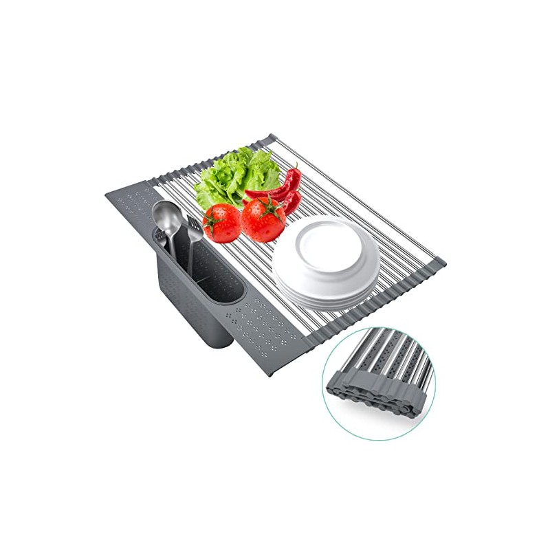 Lcckyeng Roll-up Dish Drying Rack with Utensil Holder, Collapsible Stainless