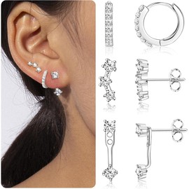WOZNU 3 Paar Ohrringe Silber 925 Set für Damen 14 Karat Vergoldet Kleine Ohrstecker Silber 925 Set Stapelbar Zirkonia Ohrstecker Creolen Ohrringe Set für Mehrere Piercings