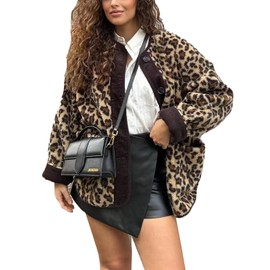 utcoco Womens Leopard Fuzzy Fleece Jacket Crew Neck Button Down Sherpa Coats Winter Warm Outwear with Pockets (Medium, Leopard)