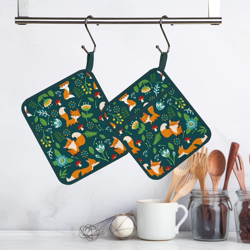 FREEBLOSS 2Pcs Fox Pattern Pot Holders for Kitchen Cotton Potholder
