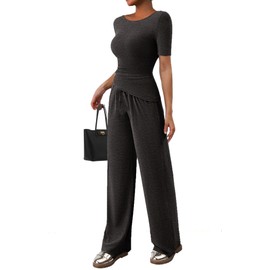 PXIAOLI Asymmetrical women's 2 piece lounge sets short sleeve Outfits Comfy Loungewear Wide Leg Pants Casual summer Matching