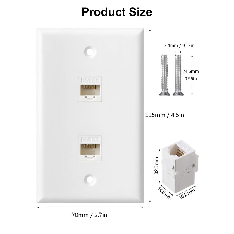 Ethernet Wall Plate, 2 Port Cat6 RJ45 Keystone Inline Coupler