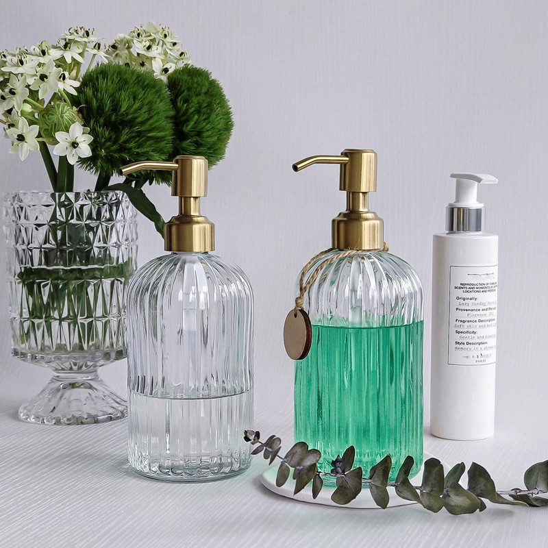 JASAI 2PACK 18Oz Fluted Glass Soap Dispenser with Golden Rust