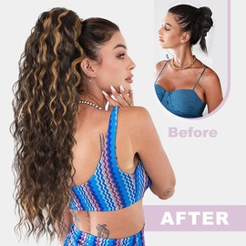 Rosooi 26 Inch Long Brown with Caramel Blonde Drawstring Ponytail Extension for Women Synthetic Long Curly Wavy Clip in Ponytail Hair Extensions for Daily Party Use