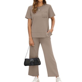 OFEEFAN Womens Plus Size Lounge Set Casual Summer Two Piece Cruise Outfits Spring Short Sleeve Tracksuit Wide Leg Airport Loungewear Travel Clothing Women's Beach Vacation Clothes Khaki 3XL