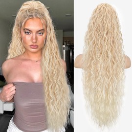 CHRSHN Ponytail Extension, Claw Clip Ponytail Extension 26 Inch Long Ombre Blonde Curly Clip in Pony Tails Hair Extensions Synthetic Layered Fluffy Clip in Hairpieces for Women Ombre Blonde Highlight