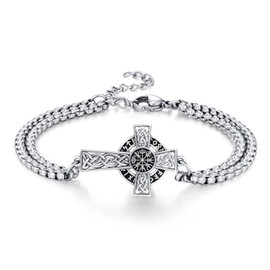YEESIA Cross Bracelet 925 Sterling Silver Vegvisir Adjustable Celtic Cross Bracelet Viking Jewelry Gift for Men Women, 7+2 in Chain