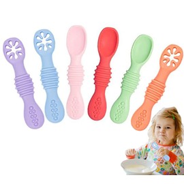 Juego de 6 cucharas masticables de silicona arcoíris pequeños, probado en seguridad, sin BPA, apto para microondas, lavavajillas，Autoalimentación para etapa 1 y etapa 2