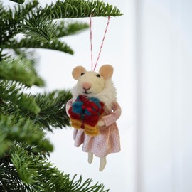 Adorable Needle Felted Christmas Ornament | Free-Standing or Hanging Decoration | Festive Christmas Decor (Ruby Mouse Holding Gifts)