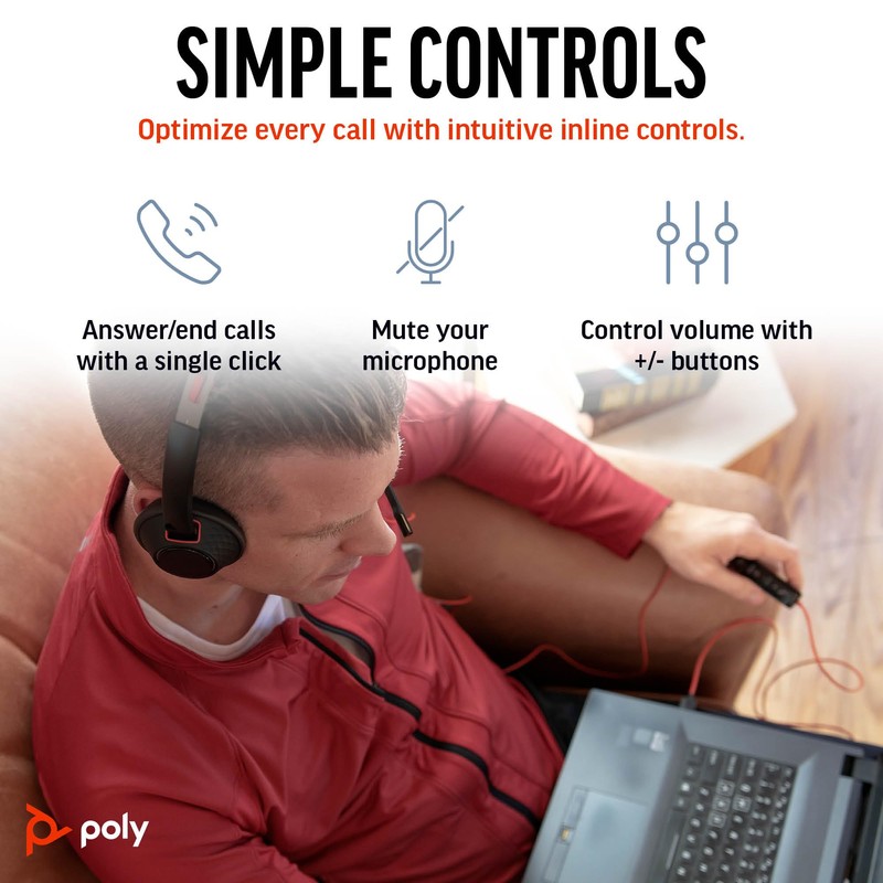 Poly Blackwire 5220 Wired Headset - Flexible Noise-Canceling Boom Mic