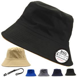 RF Large Size Bucket Hat, Reversible 24.0 - 25.6 inches (61 - 65 cm), Cap (100% Cotton), Removable Drawstring, Unisex, black | khaki