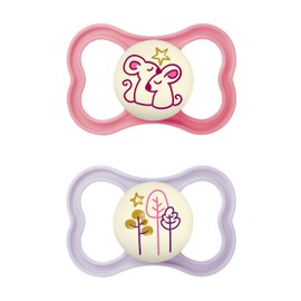 MAM Latex Air Night Soothers 16 Months+ (Pack of 2), Glow in The Dark Baby Soothers with Self Sterilising Travel Case, Newborn Essentials, Pink, (Designs May Vary)