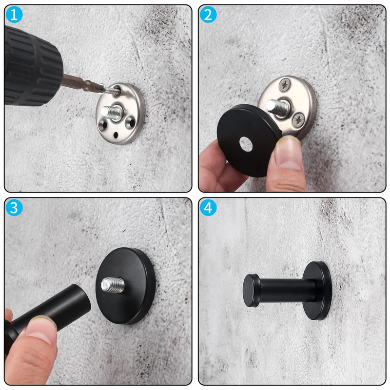 4 Pcs Round Black Coat Hooks, Stainless Steel Towel Hooks,