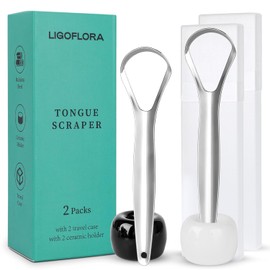 Raspador de lengua para adultos con 2 soportes de cerámica y 2 estuches de viaje – Paquete de 2 raspadores de lengua de acero inoxidable para limpiar la lengua y reducir el mal aliento,