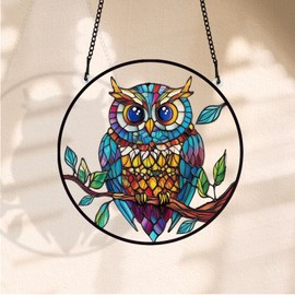 PLIGREAT Owl Suncatcher Stained Glass Hanging Suncatcher Colourful Owl Window Hangings Ornaments for Living Room Bedroom Playroom Window Decoration Wall Art Decor Christmas Memorial Gifts