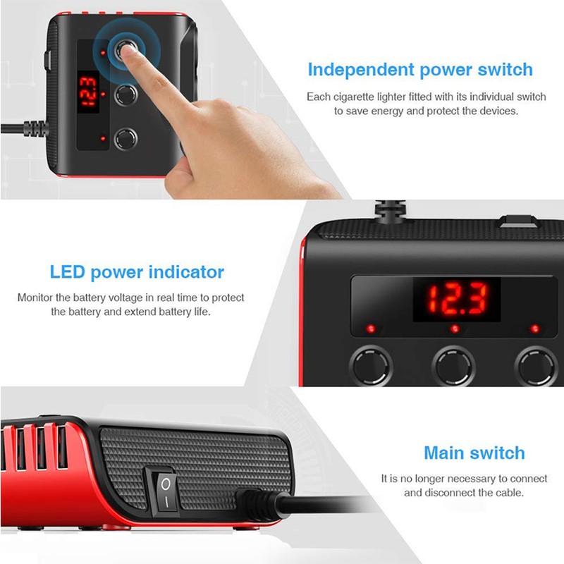 Car Chargers 100W High Power Charging Adapter 3-Socket Power Splitter