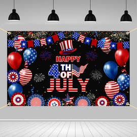 AIBIIN Happy 4th of July Backdrop Independence Day Photography Background Red White Black Blue Fourth of July Memorial Day Patriotic Party Decorations Banner Photo Booth Props 70.8 x 43.3 inch