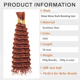 Dorsanee Deep Wave Bulk Hair for Braiding 20 Inch 2 Bundles 200g Ginger Curly Braiding Hair for Boho Braids No Weft Wet and Wavy Braiding Hair Extensions (#350,100g/bundle)