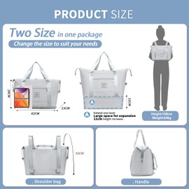 FIORETTO Womens Expandable Gym Tote Bag Duffle Bag with Wet Pocket, Travel Bag Weekend Overnight Bags with Double Shoulder Strap, Water-Resistant Carry On Bag Hospital Holdalls for Women Light Grey