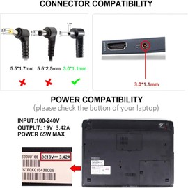 DTK Power Supply for Acer 19V 3.42A 65W Laptop Charging Cable for Acer Swift 1 SF113-31 SF114-31 SF114-32 Swift 3 SF314-41 SF314-42 SF314-51 SF314-52 Swift 5 Connectors: 3.0 x 1 ,1mm(Not With 5.5 x