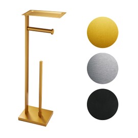 Miyili Bathroom Lavatory Toilet Paper Holder with Shelf Stainless Steel Freestanding Toilet Tissue Roll Holder Square Style Gold, F04G2