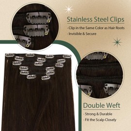 Ugeat Clip-In Real Hair Extensions, Thick 45 cm, Brown 100 g, Hair Extensions Real Hair Clips Human Hair 7 Pieces, Darkest Brown Clip in Weft Real Hair Colour 2