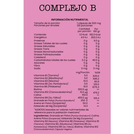 Complejo B Suplemento Alimenticio Biotina Granda en Cpsula Vitamina B12 Ingredientes Naturales Vegano  Presentacin Individual, 120 Capsulas 500mg Por 