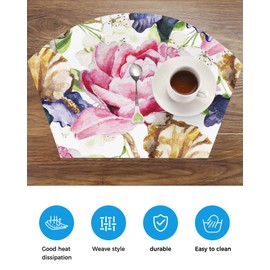 Round Table Placemats Set of 5 Watercolor Flower Wedge Placemats with Centerpiece Heat Resistant Non-Slip for Home Kitchen Dining Party Table Decoration