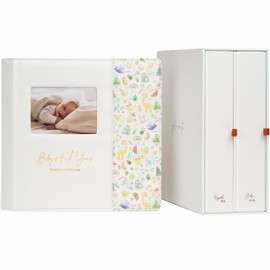 Keepsake Baby Memory Book with Keepsake Box Girl Boy - Timeless Leather-Bound Baby Milestone Book | Baby Book Keepsake and Baby Photo Memory Box to Record Baby Shower to Age 5 - Beautiful Gift