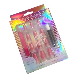 Pearl World Pink Jelly Full Cover Pink Gloss 12 Nails Tips Press On Glue Set