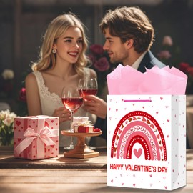 BIZIBAFF 13" Large Valentines Day Gift Bag with 2 Pink Tissue Paper Valentines Day Gift Bags with Handles Happy Valentines Day Paper Gift Bag for Her Him Girlfriend Boyfriend Wife Husband Women Men