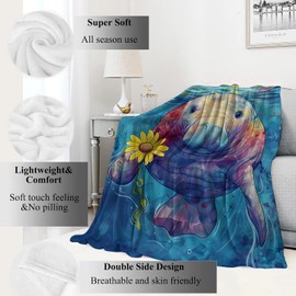 VODRM Manatee Blanket Playful Ocean Animal Throw Blankets with Sunflower,Birthday Gifts for Kids Adult,Lightweight Soft Fleece,for Sofa Couch Bed Room Art Artistic Whimsical Decor 50x60in