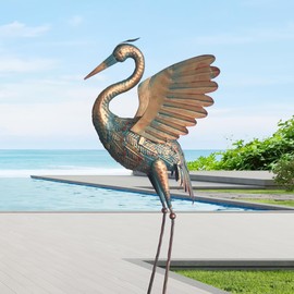 Oritty Metal Crane Garden Statue Decor, Bird Heron Garden Sculpture & Statue, Outdoor Decoration for Yard Pond Lawn Backyard Pool, Vintage Copper Metal Sculpture, 1PC