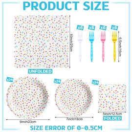 Newtay 96 Pcs Donut Plates and Napkins Party Supplies Include Sprinkles Paper Plates, 2 Ply Cocktail Napkins, Plastic Forks Disposable Tableware for Baby Shower Birthday Party for 24 Guest (Scalloped)