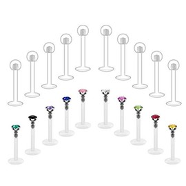 Crdifu Set of 20 Bioflex Lip Piercing Labret Lip Bars Studs in Flexible Plastic 6 / 8 / 10 / 12 mm 16 G, Plastic, 12 mm