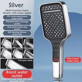 Shower Head, Water Saving with Stop Button, Hand Shower, Pressure Increasing Universal Shower Heads, Rain Shower Head Pressure Increasing, Shower Head Rain Shower with 7 Jet Types (Silver)