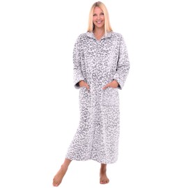 Alexander Del Rossa Long Zip Up Robe - Plush Zipper Housecoat for Women Plus Size, Leopard Print White 2X (A0300R242X)