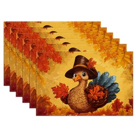 Thanksgiving Turkey Placemats Set of 6, Fall Maple Leaf Linen Place Mat Washable Stain Resistant Table Mats for Farmhouse Kitchen Party Decor 12x18 Inch