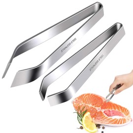 2 Styles Fish Bone Tweezers Set, Professional Stainless Steel Flat and Slant Pliers Remover Set for Salmon, Trout, Chicken, and Kitchen Use(Color:Silver)