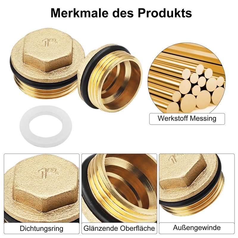 UOCAI Pack of 2 Brass Plugs with Rubber Ring, Pipe