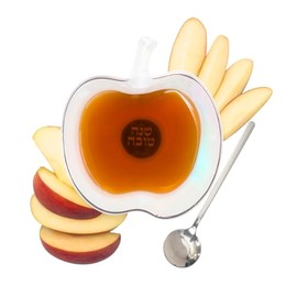 Rosh Hashanah Apple Shaped Honey Dish Set Iridescent - Jewish New Year Hostess Party Favors Cooking Serving Kitchen Accessories Holiday Presents Shana Tova Decor Table Decorations Includes Spoon!