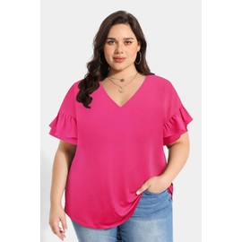 RITERA Plus Size Tops for Womens Casual Summer Tees Basic Shirts Solid Color Comfy Short Sleeve Tunic Hot Pink Tops 5XL 28W