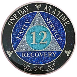 (Years 1-50) 12 Year AA Recovery Silver Color Plated Glitter Medallion, Black Rainbow, Blue, Silver Glitter Coin, Epoxy Covered (AA 12 Year Glitter Medallion)