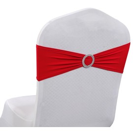 MDS Pack of 10 Spandex Chair Sashes Bow Premium Stretch Chair Cover Band with Buckle Slider Universal fits Elastic Dining Chair Ties for Wedding Party Banquet Events Decoration - Red