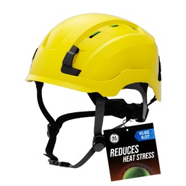 GE Safety Helmet, Impact Absorbing Tech, Adjustable Ratchet, ANSI Type 1, Memory Foam Padding, Hard Hats Protection, Lightweight, Durable, Chin Strap - Yellow, Class C, Vented, OSHA Approved