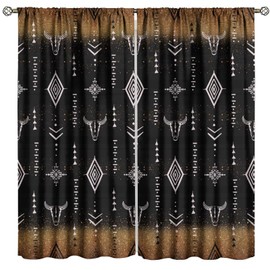 SHElifestyle Western Window Curtains, Tribal Bull Skull Horns Ethnic Native Aztec Cow Print Boho Aesthetic Abstract Window Treatments Drapes for Farmhouse Kitchen Living Room Bedroom W42xL45in(Decor)