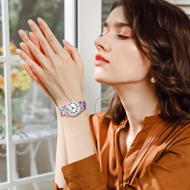 JewelryWe Elastic Watches for Women: Easy Read Analog Quartz Stretch Band Watch Floral Expansion Band Wristwatch