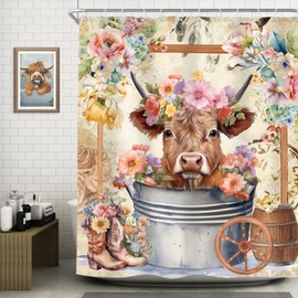 Riyidecor Highland Cow Shower Curtain 72Wx72H Inch Farmhouse Funny Bull Rustic Western Watercolor Spring Flower Cute Animal Wooden Floral Plant Kids Bathroom Decor Set Fabric 12 Pack Plastic Hooks