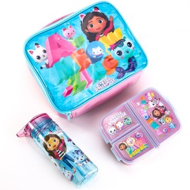 Zawadi Global Gabby's Dollhouse Kids Childrens Lunch Box Set – Insulated Lunch Bag, Multicompartment Lunch Box & 580ml Water Bottle - School Travel Lunch Food Set, BPA Free