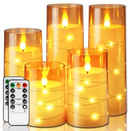 Homemory Acrylic Flameless Candles with Embedded Star String Fairy Lights, Battery Operated Candle, LED Candles, Fake Candles with Remote Control and Timer for Halloween, Amber, Set of 5(H4"5"6"8"8")
